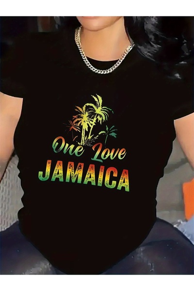 LİNA06 قميص قطني بأكمام قصيرة بتصميم "One Love Jamaica" للارتداء اليومي، مثال...