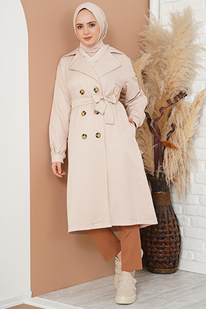 Merterium Women's Double-Breasted Collar Hijab Trench Coat Beige 1210