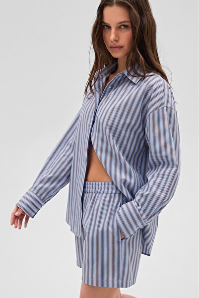 GRIMELANGE Liya Women's Oversize 100% Cotton Shorts and Shirt Blue Striped To...