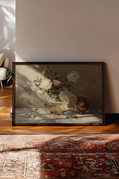 Zestia Pictură murală orizontală vintage, vază de sticlă cu natură moartă cu ...