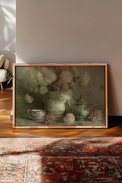 Zestia Pictură murală orizontală vintage, natură moartă florală cu ceainic și...