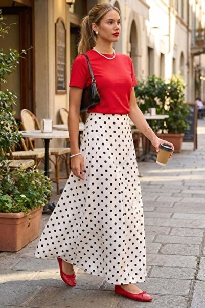 Madmext Ecru Polka Dot Maxi Women's Satin Skirt Mg2725