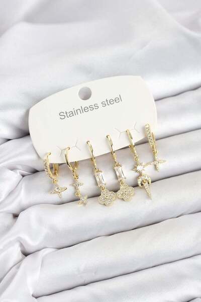 Inure Jewelry 316L Steel Gold Color Zircon Stone Clover Detailed Women's Earr...