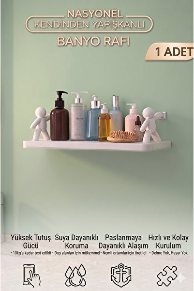 nasyonel Figürlü Kendinden Yapışkanlı Banyo Rafı Duvara Monte Beyaz