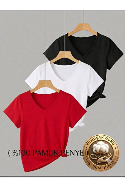 FAVORİST 3 Pieces V-Neck Regular Fit Women's T-Shirt (100% Cotton)