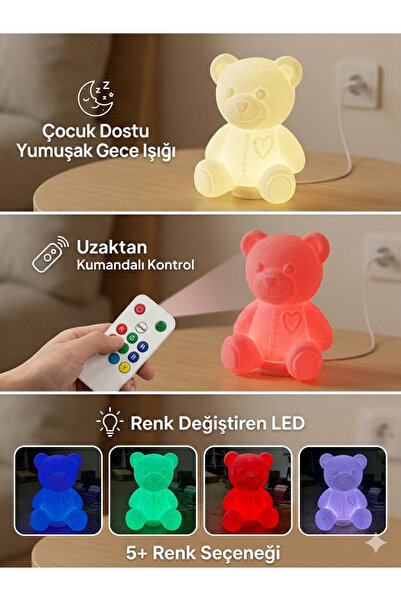 APİLOVA Home Sevimli Ayı Gece Lambası - Uzaktan Kumandalı, Renk Değiştiren ve...