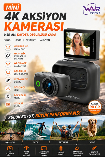 Wair Teknoloji Mini 4K Wifi Aksiyon Kamerası Açılabilir Selfie Ekranı Manyeti...
