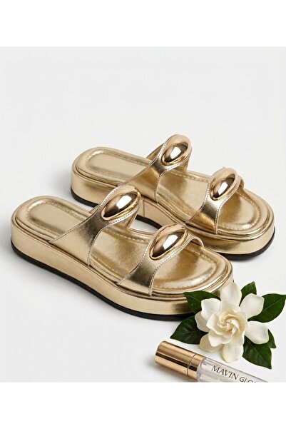 izli shoes Gold Metalik Aksesuarlı Çift Bantlı Platform Sandalet - Şık Tasarı...
