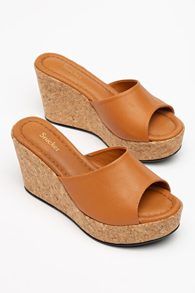 SNİCKER Tan Genuine Leather Cork Coated Slippers Women's Shoes Moka