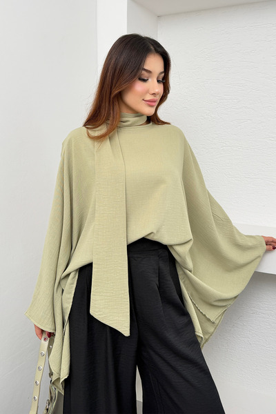 Hatun Atila Women's Scarf Collar Asymmetrical Bat Sleeve Loose Poncho Blouse ...
