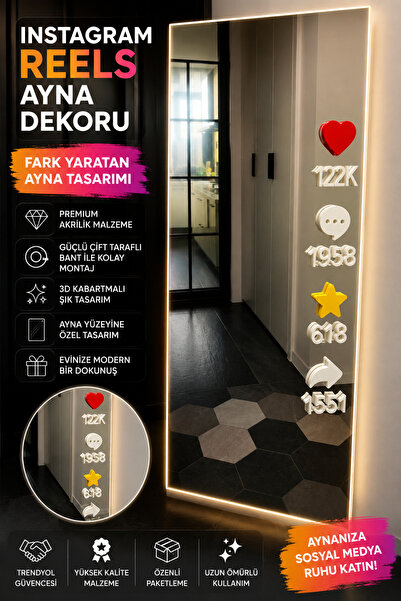 TEMUNGUR Reels Ayna Dekoru 3D Ayna Kenarı Süsü Boy Aynası Dekoru Sosyal Medya...
