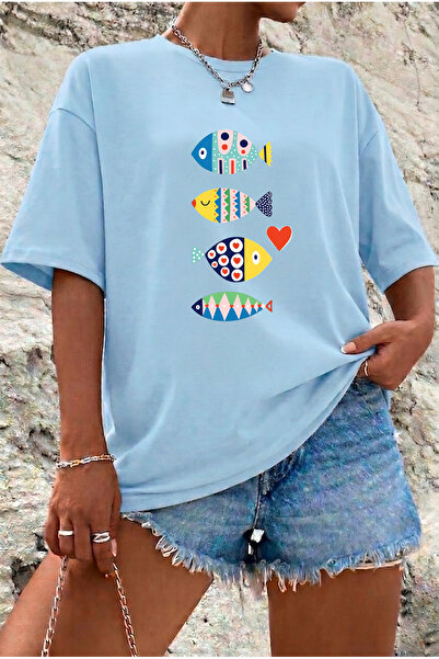 uyguntarz Unisex Colorful Fishes Printed Beige T-Shirt Printed Design Tshirt