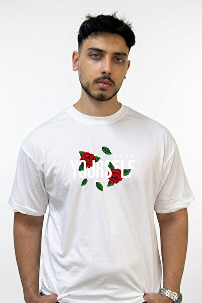 Anetos Rose Love Yourself Design Printed Oversize White T-Shirt