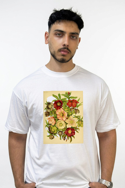 Anetos Hellebore Botanical Design Printed Oversize White T-Shirt