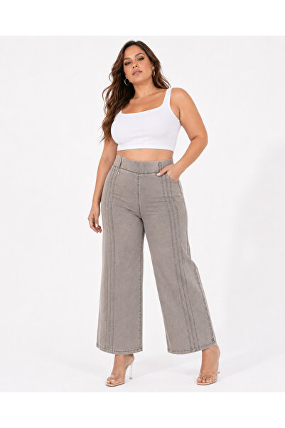ZANESSİ FASHION Plus Size Akar Fabric High Waist Stoned Wide Leg Women's Trou...