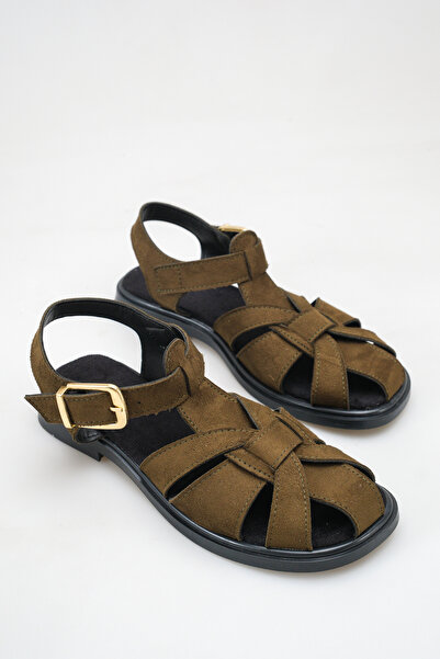 meyra'nın ayakkabıları Women's Khaki Suede Buckle Detailed Flat Sole Sandals
