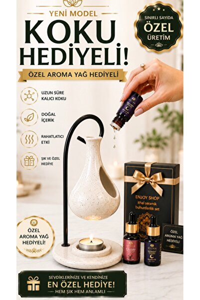 ENJOY SHOP Krem rengi kahve noktalı metal askılı seramik buhurdanlık aroma ya...