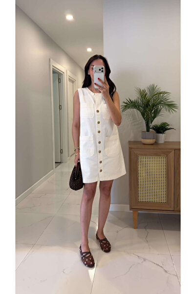 BİRCANÇİL Sanad Ecru Pocket Detailed Short Dress