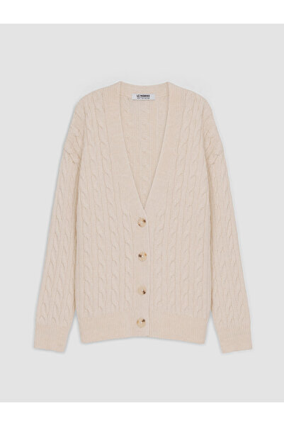 LC Waikiki Ecru V-Neck Girl's Knitwear Cardigan