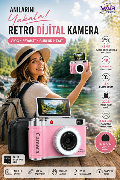 Wair Teknoloji 4K Çantalı Dijital Retro Video Kamera 48MP 16X Zoom Işıklı Len...