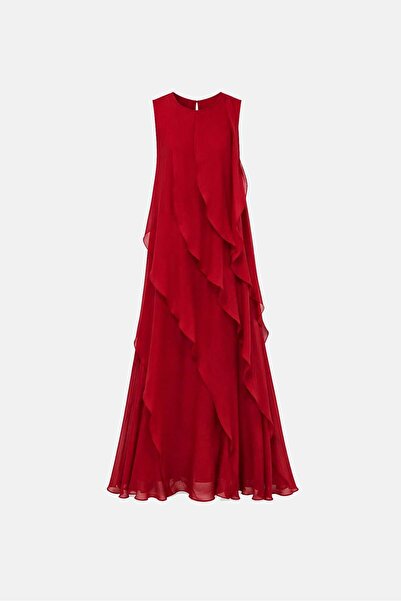Suziş Red Dress with Volants on the Front, Sleeveless, Long Dress 3450