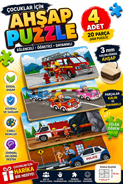 PANDA SOKAĞI Eğitici Ahşap Puzzle 4'lü Set 20 Parça Okul Öncesi Yapboz Seti S...