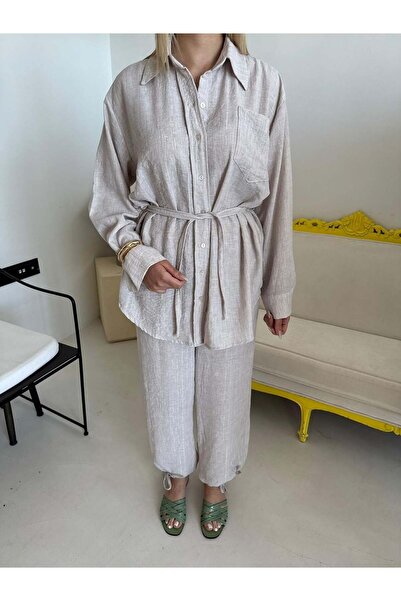Bade Butik Beige Glittery Elastic Waist Suit