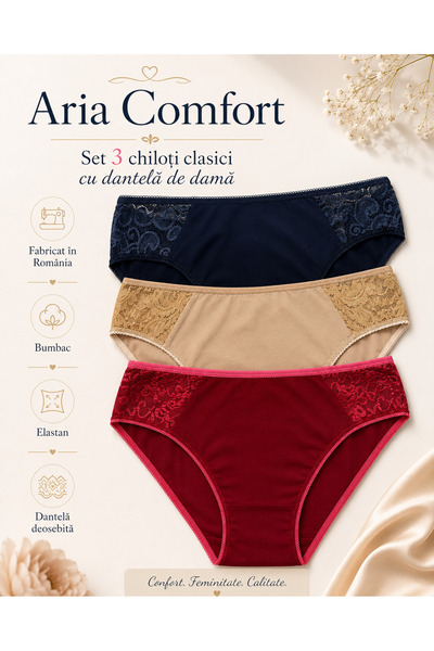 Aria Comfort ✨ Set 3 Chiloți Clasici Damă – Bumbac moale, (Roșu, Bej, Bleumar...