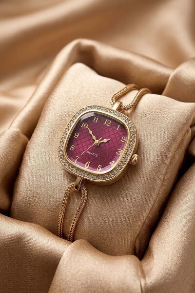 GANYMET Clays Women's Gold Thread Straw Cord Burgundy Dial Stone Detailed Ele...