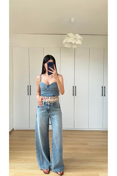 GAUS CO Mavi Nakış Detaylı Crop Pantolon İkili Denim Takım GAUS-01596