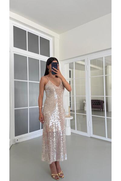 GAUS CO Bej Ayarlanabilir Askılı Astarlı Pullu Elbise GAUS-01684