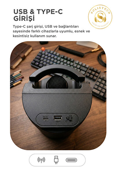 Solistech Bluetooth Taşına Bilir Kablosuz RGB Işıklı Parti Karaoke Mikrofon Hediyeli Hoparlör Speaker 2129