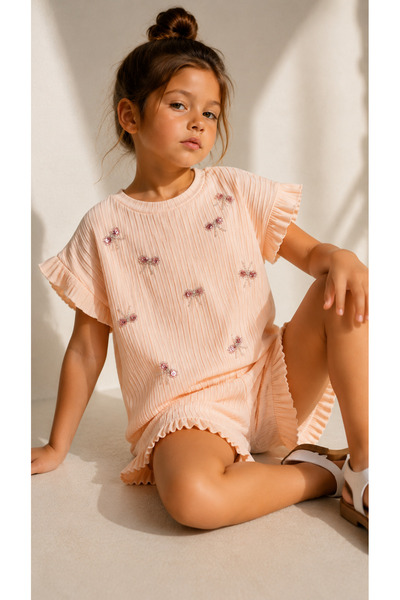 mini kanka Girls Salmon Pastel Tone Floral Embroidery Pleated Ruffle Sleeve T...