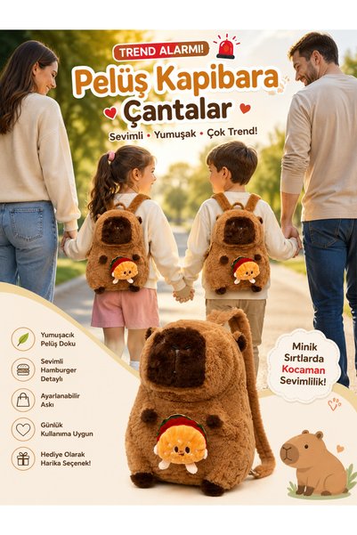 ARAT DİAMOND TOYS Capybara Kapibara Peluş Oyuncaklı (Hamburger Desenli) Sırt Çantası Pofuduk 30 cm