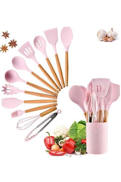 Arabest 12 Pcs Silicone Cooking Kitchen Utensils Set for Nonstick Cookware, Pink
