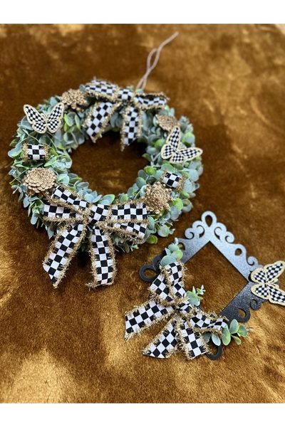 Marrone Checkered Mackenzie Model Ribbon Butterfly 30*30 Door Ornament