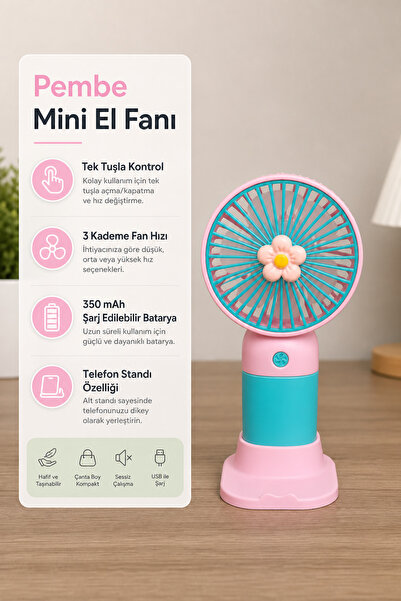 ZORENSA Çiçekli Tasarım USB Şarjlı Mini El ve Masa Vantilatörü 3 Kademeli Ses...