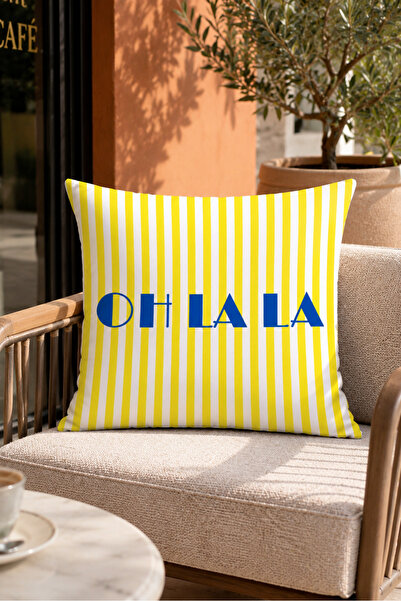 Evmila Oh La La Yellow Striped Text Printed Decorative Throw Pillow Cover Sum...
