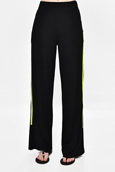 DQMANE Women's Neon Stripe Detailed Wide Leg Viscose Trousers
