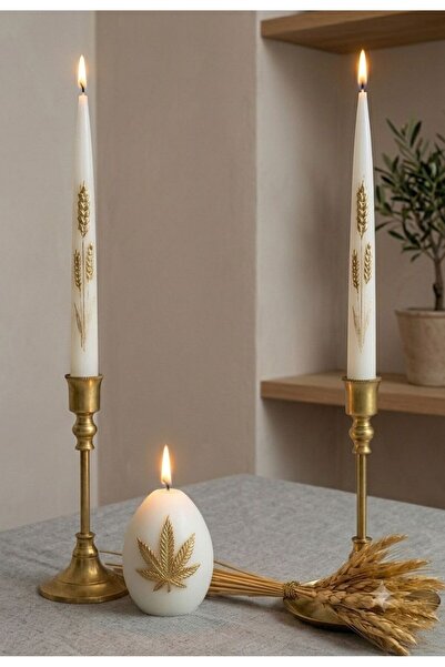 SCA CANDLE Dekoratif Mum Şamdan Mum Buyday Desenli 2 adet Şamdan Mum +Yumurta...