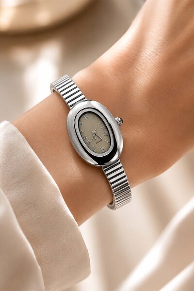 GANYMET Saudade Women's Silver Oval Case Wristwatch with Gray Dial Roman Nume...
