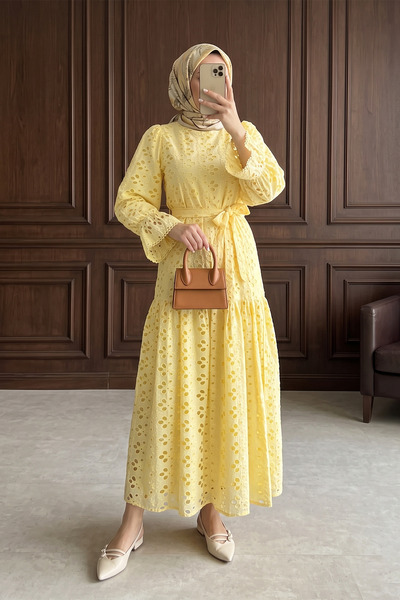 MODAQU Rochie lungă din in, cu decolteu rotund și căptușeală, stil Hijab - Ga...