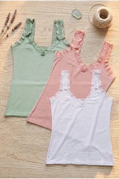 Demirsa Boutique Dantel Askılı Modal Kumaş 3'lü Kadın Atlet Beyaz, Pudra ve Yeşil Renk