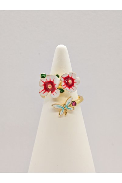 Duiwerlis Women's Design Enamel Hibiscus Flower Klebek Ring Hand Painted Adjustable Gold Color Jewelry