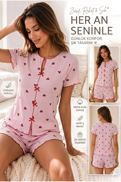 Manolya FineLine Kadın Mini Çiçek Desenli Pijama Takımı Pamuklu Şortlu Ev Giyimi