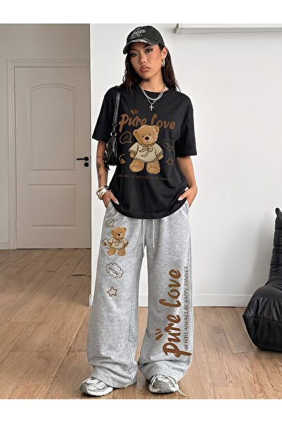 darkopia Unisex Pure Love Bear Printed Oversize Tshirt and Baggy Sweatpants -...