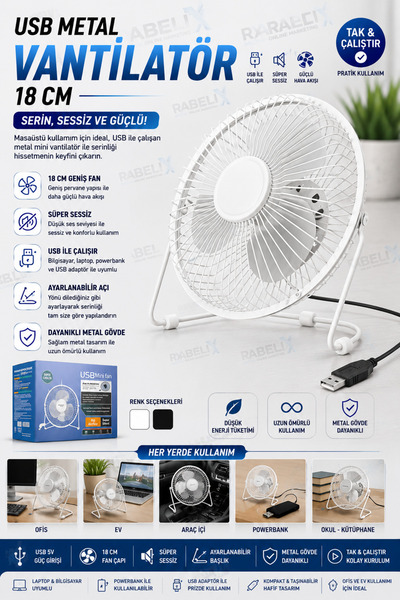 Rabelix Online Marketing USB Metal Vantilatör 18 CM Süper Sessiz Masaüstü Fan...