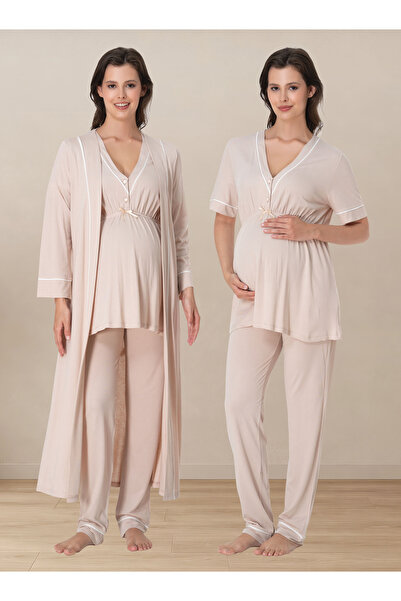 ByLohusa Cotton Dressing Gown Maternity Postpartum Breastfeeding Pajama Set w...