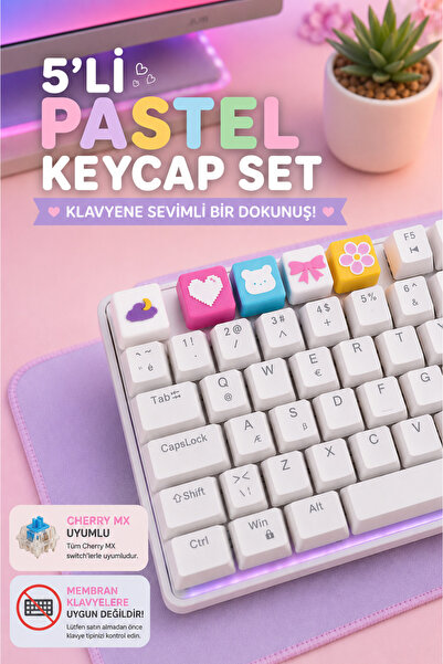 Makerpax Sevimli Pastel Tonlu Keycaps 5'li Set - Cherry MX Uyumlu Mekanik Kla...