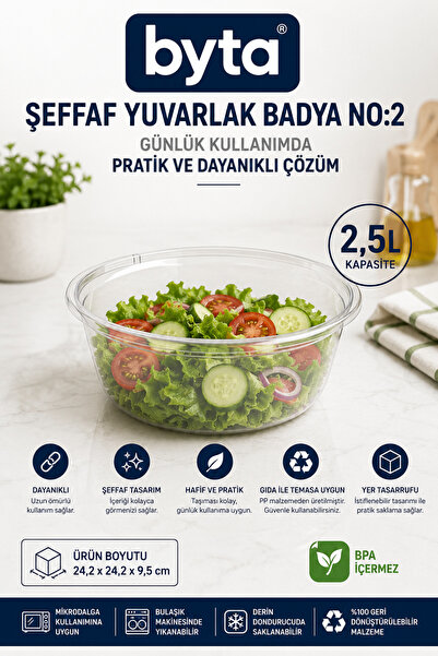 BYTA 2.5 L Transparent Round Plastic Basin No:2 Bpa-Free Multi-Purpose Food P...